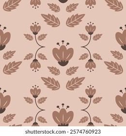 Floral pattern with brown flowers on a dusty rose background. Beautiful seamless pattern with cute flowers and leaves in trendy pastel coffee colors of the year 2025. Hand drawn style