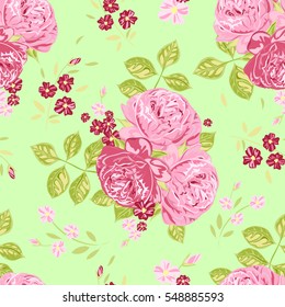 Floral pattern. Bunches of pink roses on a light green background.
