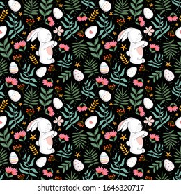 Floral pattern with bunny and egg easter in the black backdrop, creative pattern with easter concept