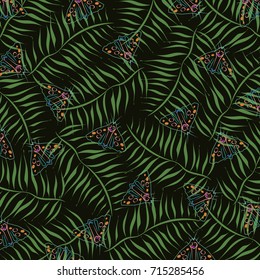 Floral pattern with butterflies and botanical palm leave.Vintage fashion.Floral tropical background for textile,fabric,covers,wallpapers,print,gift wrap and t-shirt design.Vector illustration.