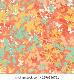 Floral pattern with butterflies and flat leaves with summer colors