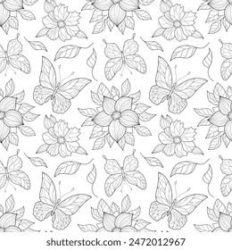 Floral pattern with butterflies and flowers, seamless background with flowers and butterflies outline.