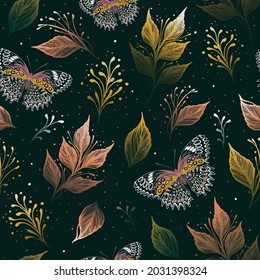 Floral pattern with butterflies and herbs. Contemporary composition. Trendy texture for print, textile, packaging.