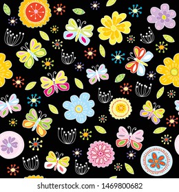 Patrón floral con mariposas sobre fondo negro