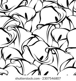 Floral pattern with calla lily flowers contours. Black and white seamless background. Vector modern print