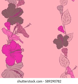 Floral pattern can be used for wallpaper, website background, wrapping paper. Vector floral concept. Natural pink and purple hibiscus. Summer design with copy space (place for your text).