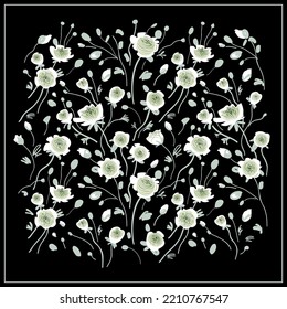 Floral pattern, card, bandanna. Graphic ornamental background with flowers and leaves.