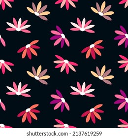 Dibujo de motivos florales con flores rosadas sin costura sobre fondo negro