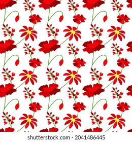 Floral pattern cartoon red seamless flowers on white background