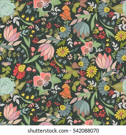 Floral pattern in cartoon style. Summer pattern. Use a wallpaper, fabric, background web page.