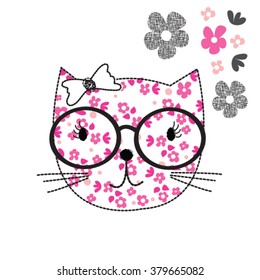 floral pattern cat head with glasses vector illustration