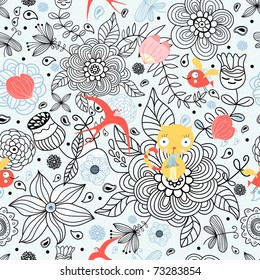 floral pattern with cats and birds
