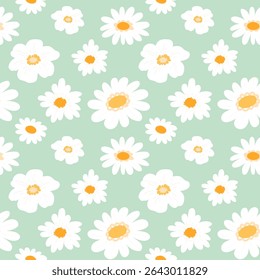 Floral pattern with chamomile flowers on light green background. Flat daisy seamless pattern for textile, fabrics, wrapping paper, prints, home decor