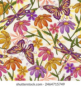 Floral pattern with chamomile flowers with stem, halftone shapes, flying butterflies, dragonfly. Peaceful, summer illustration in vintage style. Groovy, hippie, naive design