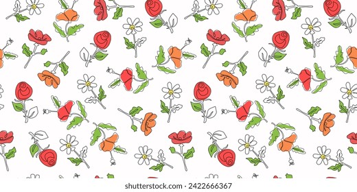 Floral pattern. Chamomile, rose, poppy.  Line art drawing. Outline, linear illustration. Vector seamless background. Plant, abstract flower.