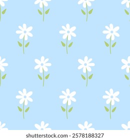 Floral pattern. Chamomile seamless pattern. Daisy cute Background. Floral retro style simple. White flowers on blue background. Good for fabric, children's textile, print, covers, phone cases, cards