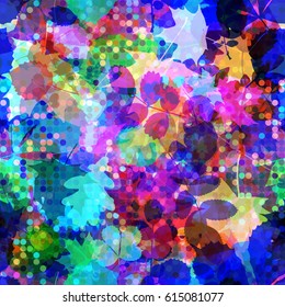Floral pattern from chaotic foliage, dots and spots. Abstract seamless digital background