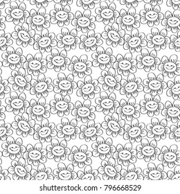 floral pattern, child, simple, daisy, sun, smile, meadow, nature, seamless vector background.