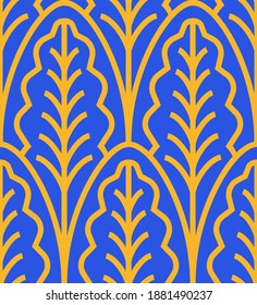 Blumenmuster aus China mit goldenen Blättern auf Kobalthintergrund. Modernes chinesisches Ornament. Minimalistisches orientalisches Muster in fett blauer Goldpalette. Zum Einpacken von Papier, Tapete, Stoffdesign