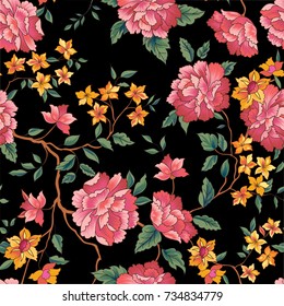 Floral Pattern In Chinese Embroidery Style. Flower Seamless Background. Flourish Ornamental Garden