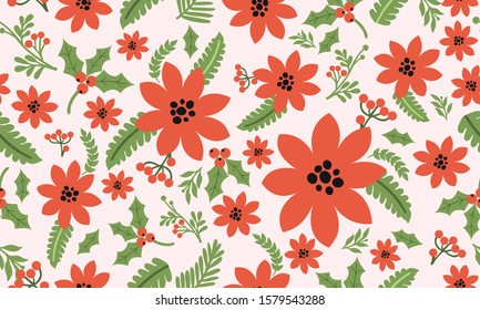 Floral pattern christmas background, red flower perfect blooms.