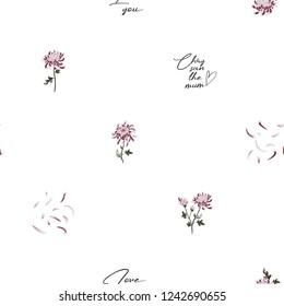 Floral pattern with chrysanthemum flower and petals. Vector seamless background with chrysanthemum flowers. White backdrop.