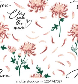 Floral pattern with chrysanthemum flower and petals. Vector seamless background with chrysanthemum flowers. White backdrop.