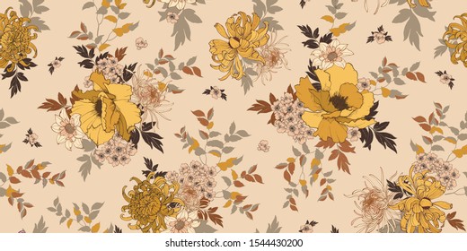 Patrón floral con crisantemos y peonías. Fondo vectorial transparente para el diseño de superficie
