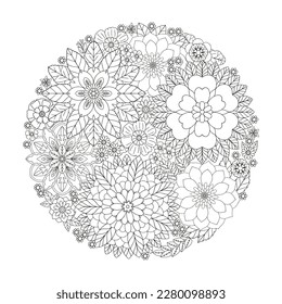 Floral pattern in a circle.                                               Antistress coloring book for children and adults. 
