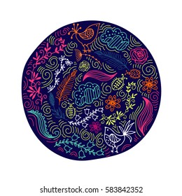 Floral pattern in the circle of ethnic motives. Banner design template with flowers beetles, clouds, dragonflies.