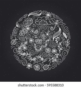 Floral pattern in the circle of ethnic motives. Banner design template with flowers beetles, clouds, dragonflies.