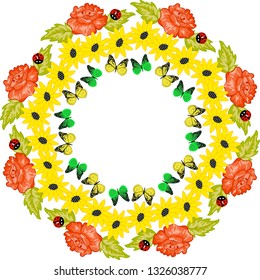 Floral pattern circle frame. Romantic vector illustration floral pattern. Design cover, card, catalog  template from wreath. Colorful artistic background with blossom. 