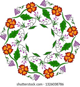 Floral pattern circle frame. Romantic vector illustration floral pattern. Design cover, card, catalog  template from wreath. Colorful artistic background with blossom. 