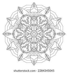 Floral pattern in a circle. Mandala.                                              Antistress coloring book for children and adults. 
