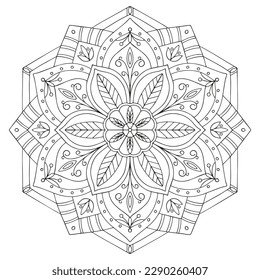 Floral pattern in a circle. Mandala.                                              Antistress coloring book for children and adults. 
