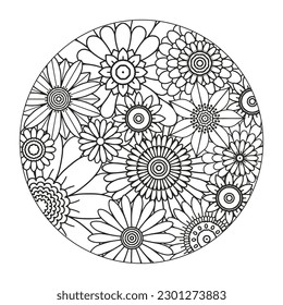 Patrón floral en un círculo. Mandala.                                              Libro de colorantes antiestrés para niños y adultos. 
