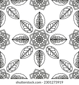 Floral pattern in a circle. Mandala.                                              Antistress coloring book for children and adults. 
