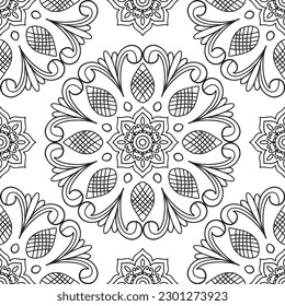 Floral pattern in a circle. Mandala.                                              Antistress coloring book for children and adults. 

