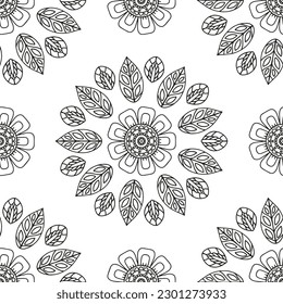 Floral pattern in a circle. Mandala.                                              Antistress coloring book for children and adults. 
