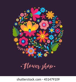 Floral pattern in a circle Mexican ethnic motive. Banner design template with flowers. Unique floral design concept for beauty salon, organic cosmetics brand, flower shop 