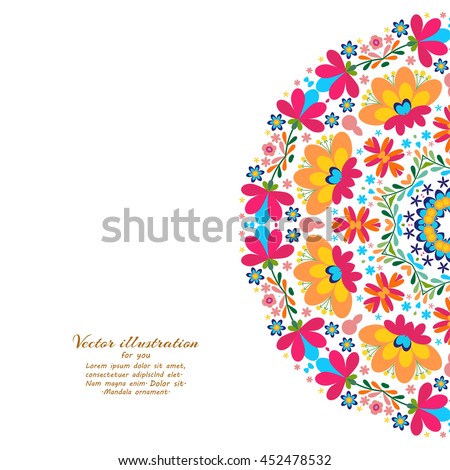 Floral pattern in a circle Mexican ethnic motive. Banner design template with flowers. Unique floral design concept for beauty salon, organic cosmetics brand, flower shop