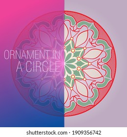 Floral pattern in a circle in red and green tones. Mandala