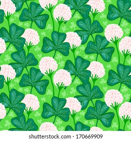 Floral pattern with clover flowers and Victorian motifs. Texture for web, print, wallpaper, gift wrapping, home decor, spring summer fashion, textile design, St. Patrick decoration, website background