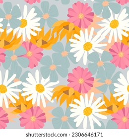 floral pattern in cold colors. flowering buds are white, blue, orange. botanical endless pattern.