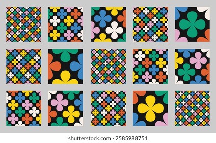 Floral pattern collection with clover shapes and colorful petals on white background. Seamless geometric vector set in retro style. High quality illustrations for decor