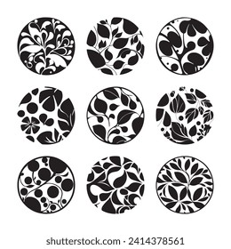 Floral pattern collection. Round templates in monochrome style on white background. Vector illustration.