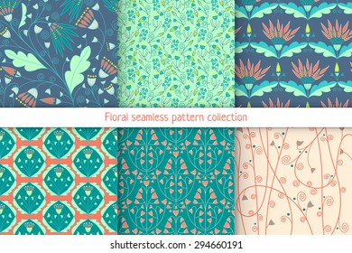 Floral pattern collection. Six vector flower repeat backgrounds.