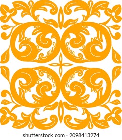 floral pattern with color gold with a flower in the middle. there are four circle looks like apples in the middle side