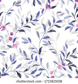 Floral pattern, colorful leaves and branches with beautiful movement, hand drawn stitches texture in embroidery style. Vector artwork background can be used for wallpaper,  pattern files, web pages   