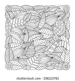 Floral pattern for coloring book. Hand drawn leaves. Floral black and white background. Ornate floral texture. It can be used for card, postcard, poster, invitation, textile design, cover, banner.